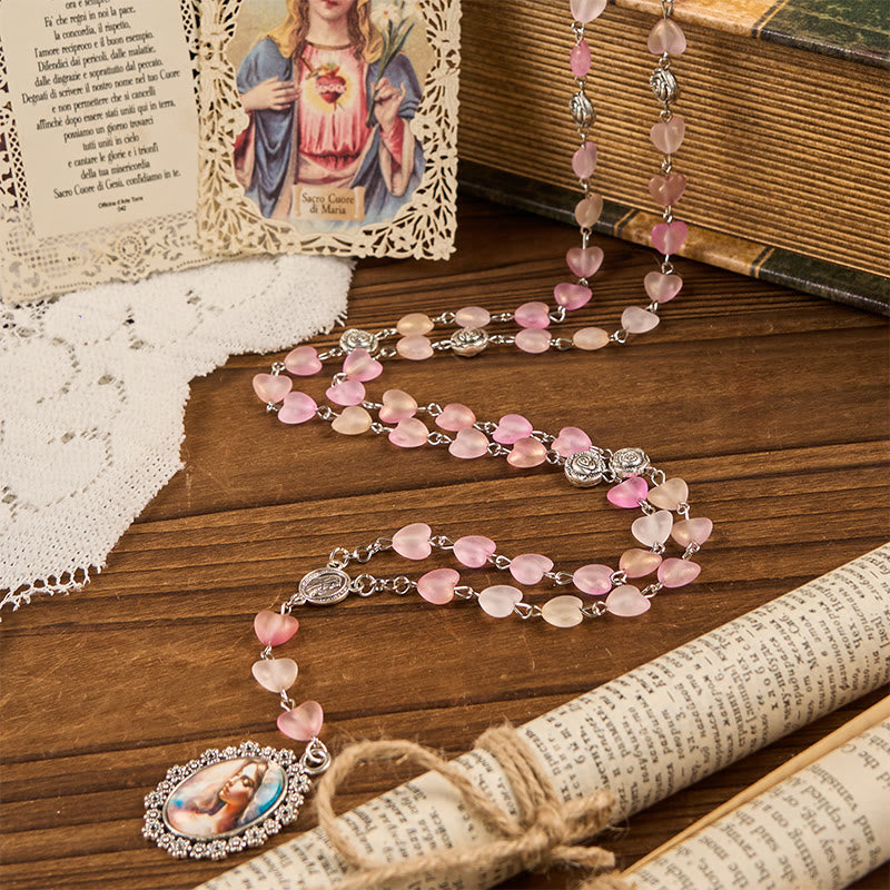 Christianartworkshop Chapelet en alliage rose avec cœur en verre de 10 mm, orné d'une rose et dédié à Marie et Notre-Dame - Rose - image 0