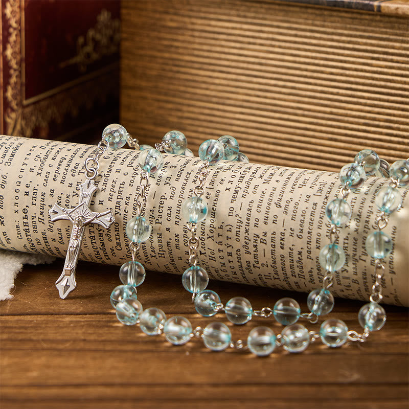 Christianartworkshop Chapelet en alliage bleu avec croix et verre rond de 8 mm, orné de notre Vierge Marie et d'un crucifix - image 1