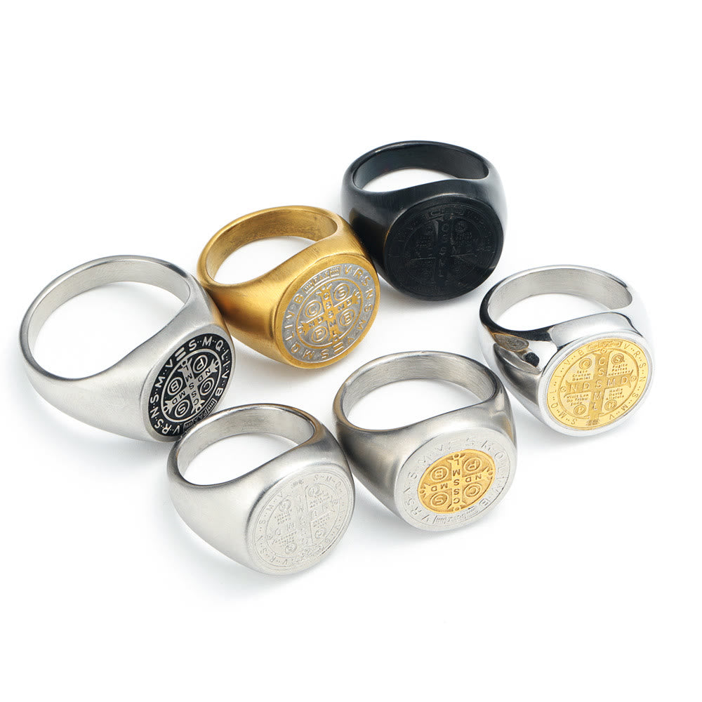 Christianartworkshop - Bague de protection gravée avec le symbole de Saint Benoît, style rétro classique, disponible en 8 modèles - image 21