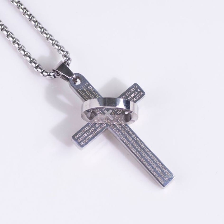 Christianartworkshop Collier pendentif minimaliste croix avec anneau et verset biblique, symbole de foi - Argent - image 0