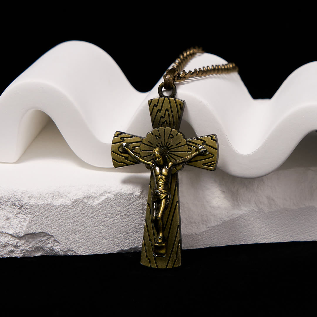 Christianartworkshop Collier pendentif en acier titane avec motif d'arbre style rétro et croix de Jésus - Cuivre antique - image 1