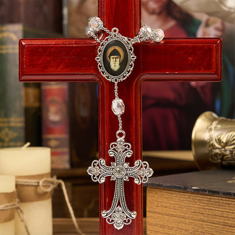 Christianartworkshop Médaille et croix de Saint Charbel en cristal clair de 10 mm, chapelet de poche à une dizaine. - image 3