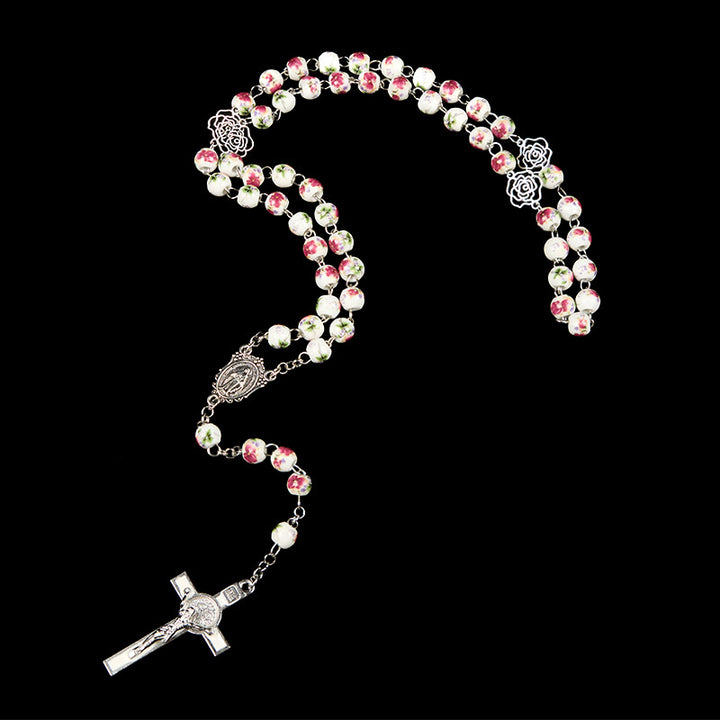 Christianartworkshop Médaille miraculeuse et crucifix en perles de céramique florale rose de 8 mm, chapelet de prière - image 5