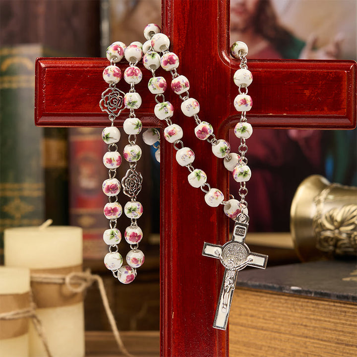 Christianartworkshop Médaille miraculeuse et crucifix en perles de céramique florale rose de 8 mm, chapelet de prière - image 3