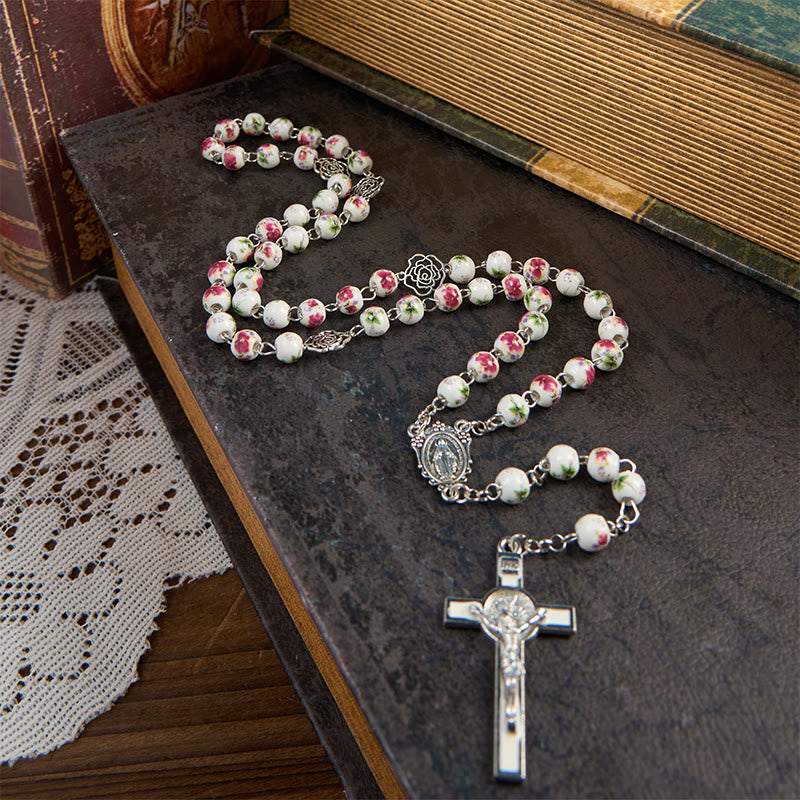 Christianartworkshop Médaille miraculeuse et crucifix en perles de céramique florale rose de 8 mm, chapelet de prière - Médaille miraculeuse et crucifix - image 0