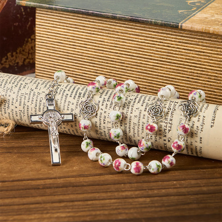 Christianartworkshop Médaille miraculeuse et crucifix en perles de céramique florale rose de 8 mm, chapelet de prière - image 2
