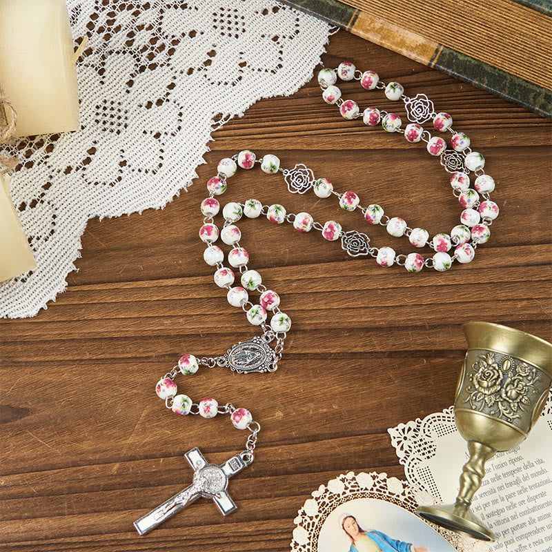 Christianartworkshop Médaille miraculeuse et crucifix en perles de céramique florale rose de 8 mm, chapelet de prière - image 1