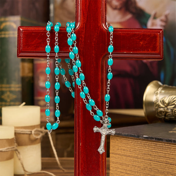 Christianartworkshop Chapelet de perles de cristal bleu turquoise de 6 mm avec croix et Sainte Gail - image 1