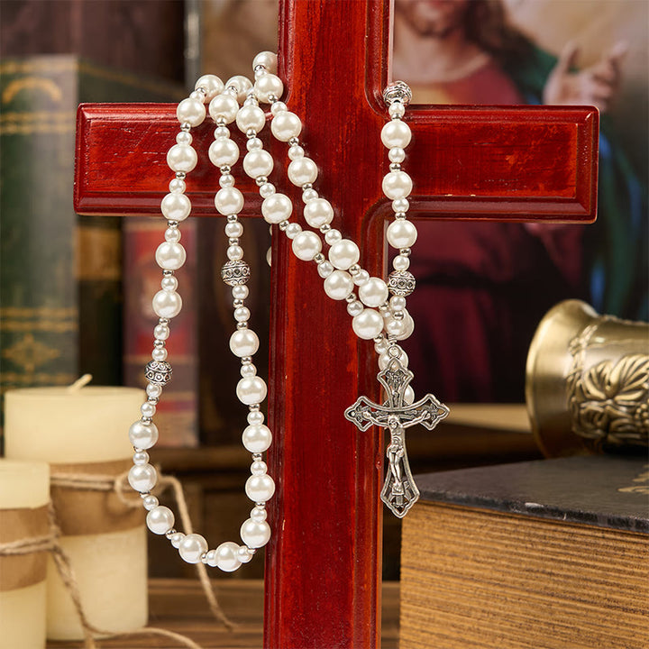 Christianartworkshop Médaille miraculeuse et crucifix d'un chapelet de perles blanches de 4 mm - image 4
