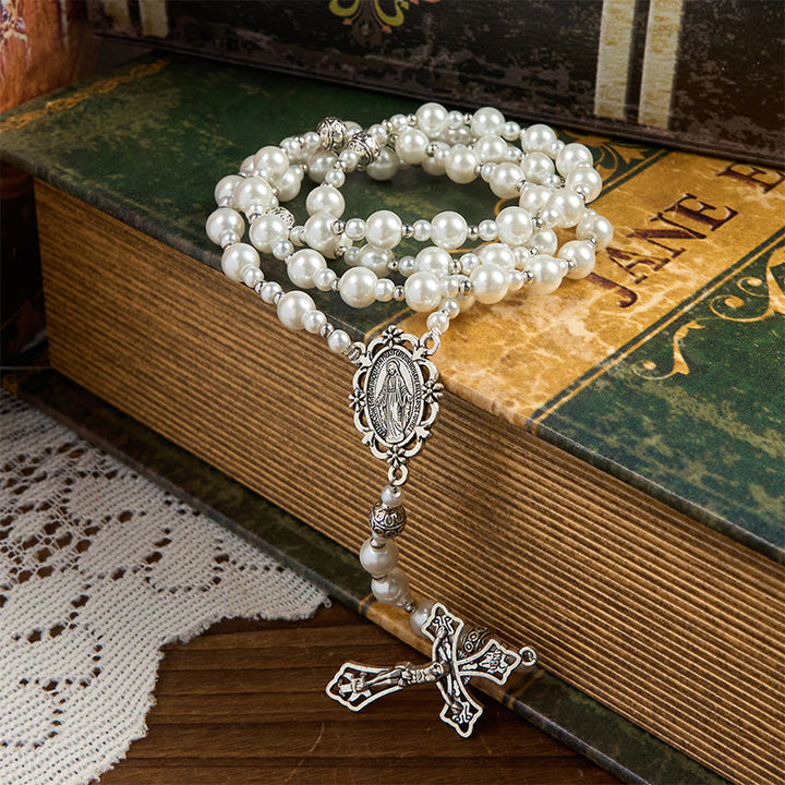 Christianartworkshop Médaille miraculeuse et crucifix d'un chapelet de perles blanches de 4 mm - image 5