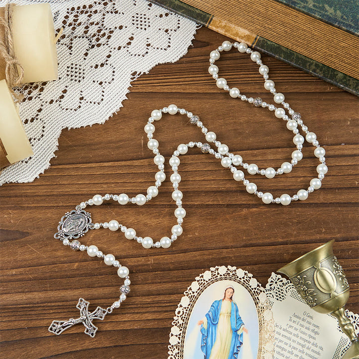Christianartworkshop Médaille miraculeuse et crucifix d'un chapelet de perles blanches de 4 mm - image 3