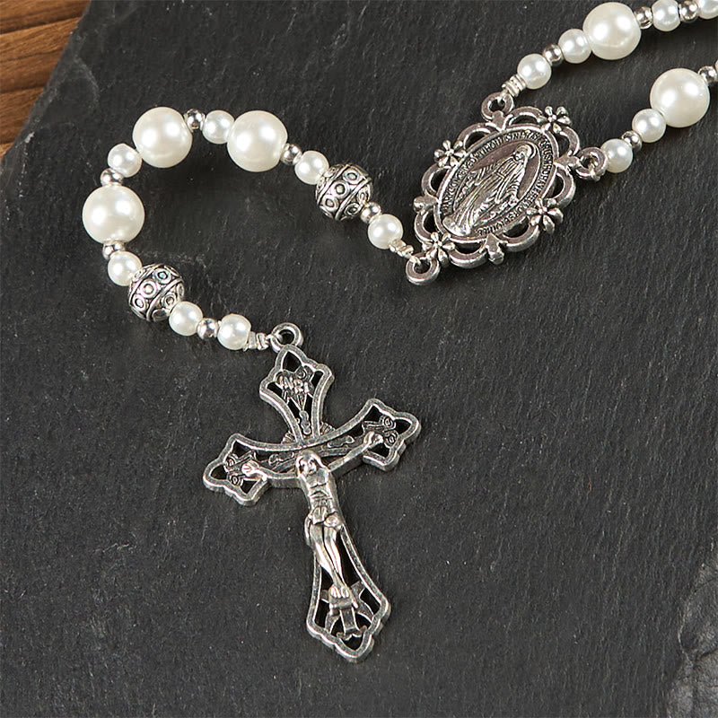 Christianartworkshop Médaille miraculeuse et crucifix d'un chapelet de perles blanches de 4 mm - image 7