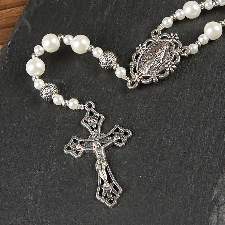 Christianartworkshop Médaille miraculeuse et crucifix d'un chapelet de perles blanches de 4 mm - image 7
