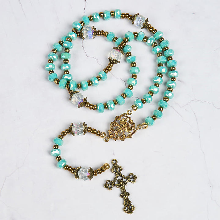 Christianartworkshop Croix de Lorraine et crucifix en pierre rondelle d'aigue-marine de 8 mm, cordon en nylon, chapelet - image 8