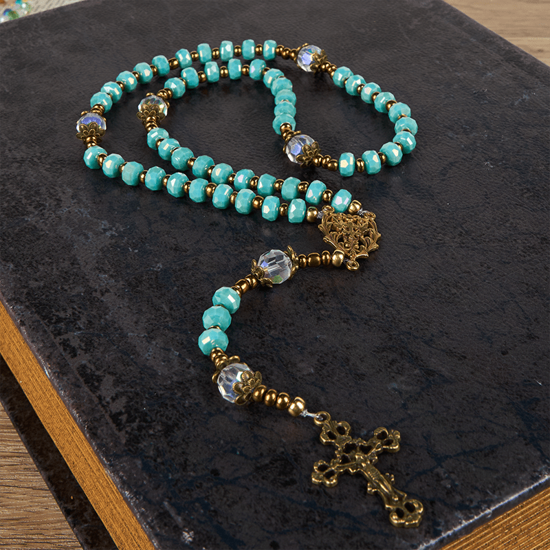 Christianartworkshop Croix de Lorraine et crucifix en pierre rondelle d'aigue-marine de 8 mm, cordon en nylon, chapelet - image 7