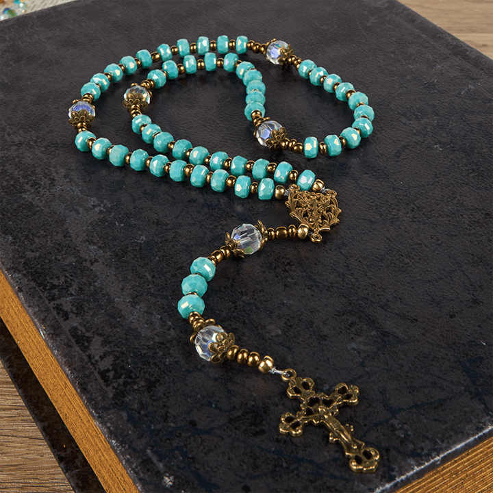 Christianartworkshop Croix de Lorraine et crucifix en pierre rondelle d'aigue-marine de 8 mm, cordon en nylon, chapelet - image 7