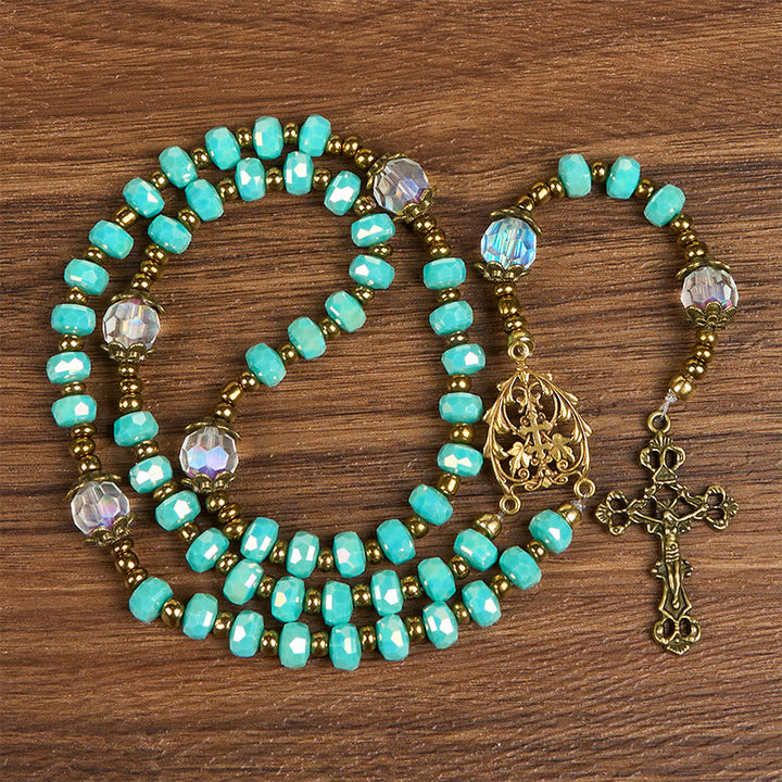 Christianartworkshop Croix de Lorraine et crucifix en pierre rondelle d'aigue-marine de 8 mm, cordon en nylon, chapelet - Croix de Lorraine et crucifix - image 0