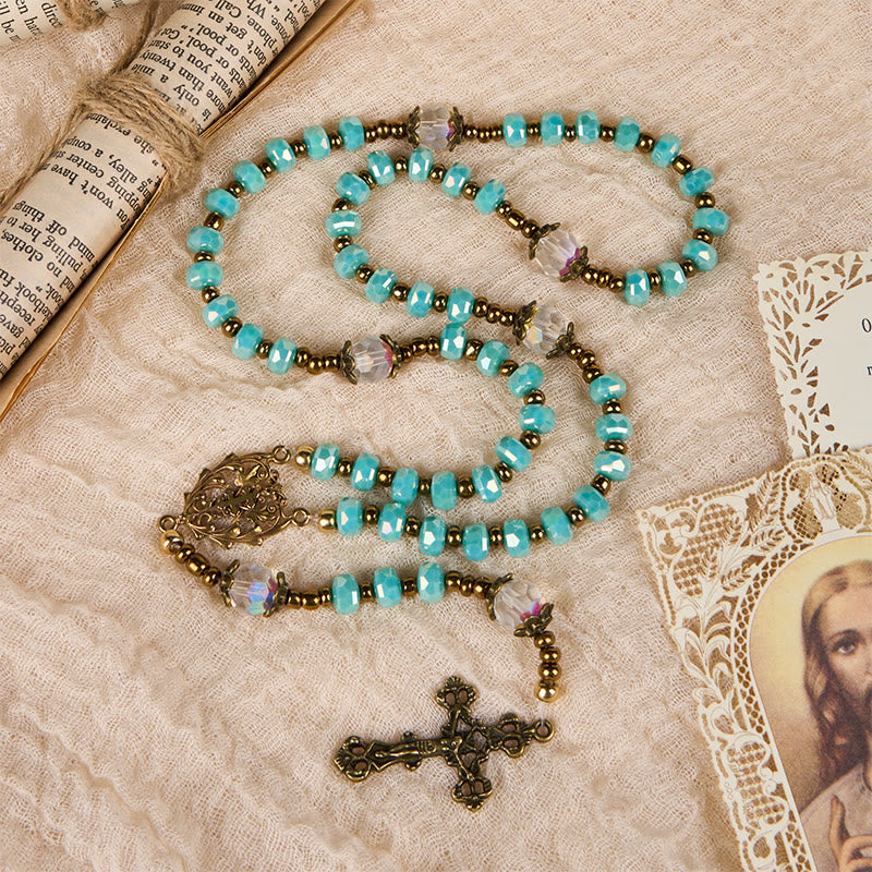 Christianartworkshop Croix de Lorraine et crucifix en pierre rondelle d'aigue-marine de 8 mm, cordon en nylon, chapelet - image 4