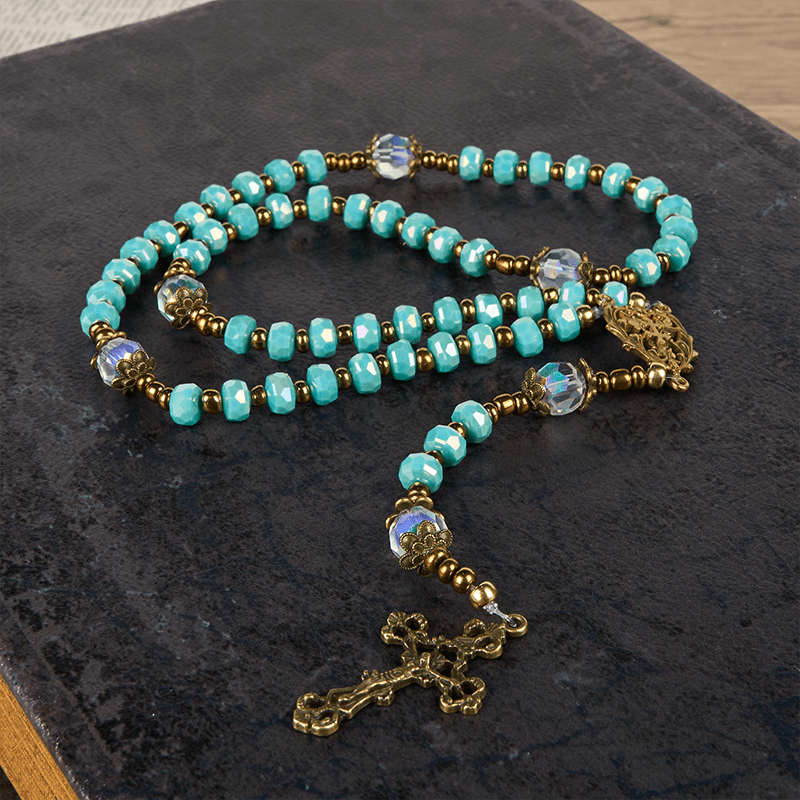 Christianartworkshop Croix de Lorraine et crucifix en pierre rondelle d'aigue-marine de 8 mm, cordon en nylon, chapelet - image 6
