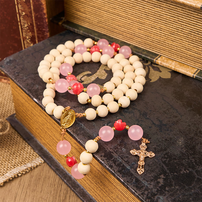 Christianartworkshop Médaille miraculeuse et crucifix, chapelet en bois naturel de 10 mm fait main - Médaille miraculeuse et crucifix - image 0