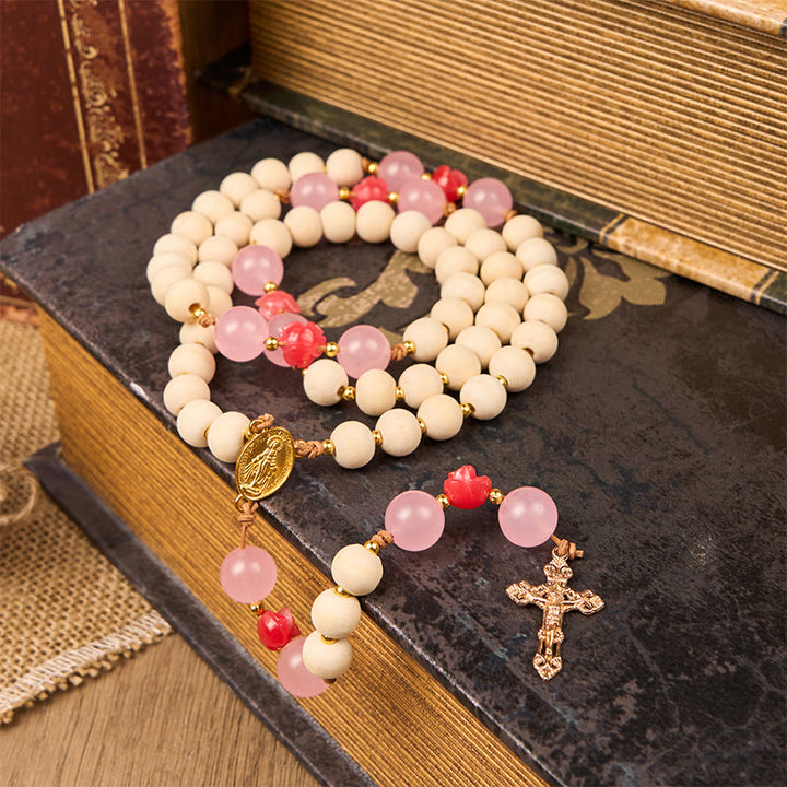 Christianartworkshop Médaille miraculeuse et crucifix, chapelet en bois naturel de 10 mm fait main - Médaille miraculeuse et crucifix - image 0