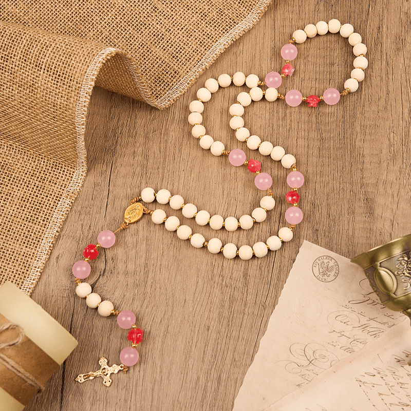 Christianartworkshop Médaille miraculeuse et crucifix, chapelet en bois naturel de 10 mm fait main - image 1