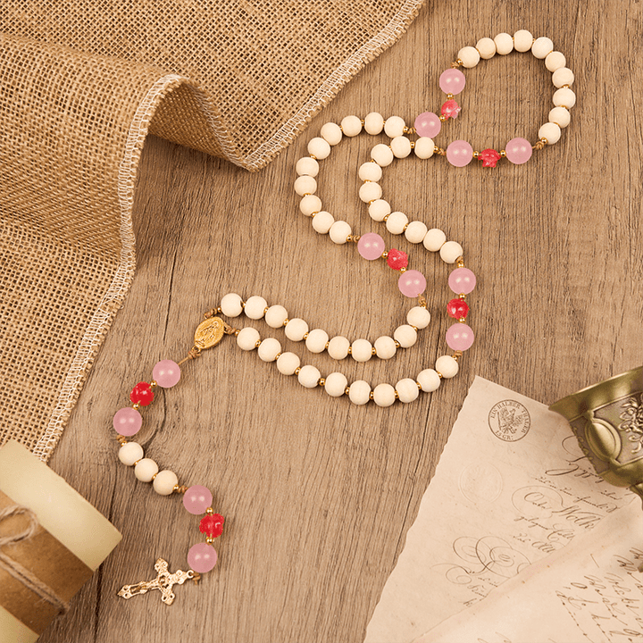 Christianartworkshop Médaille miraculeuse et crucifix, chapelet en bois naturel de 10 mm fait main - image 1