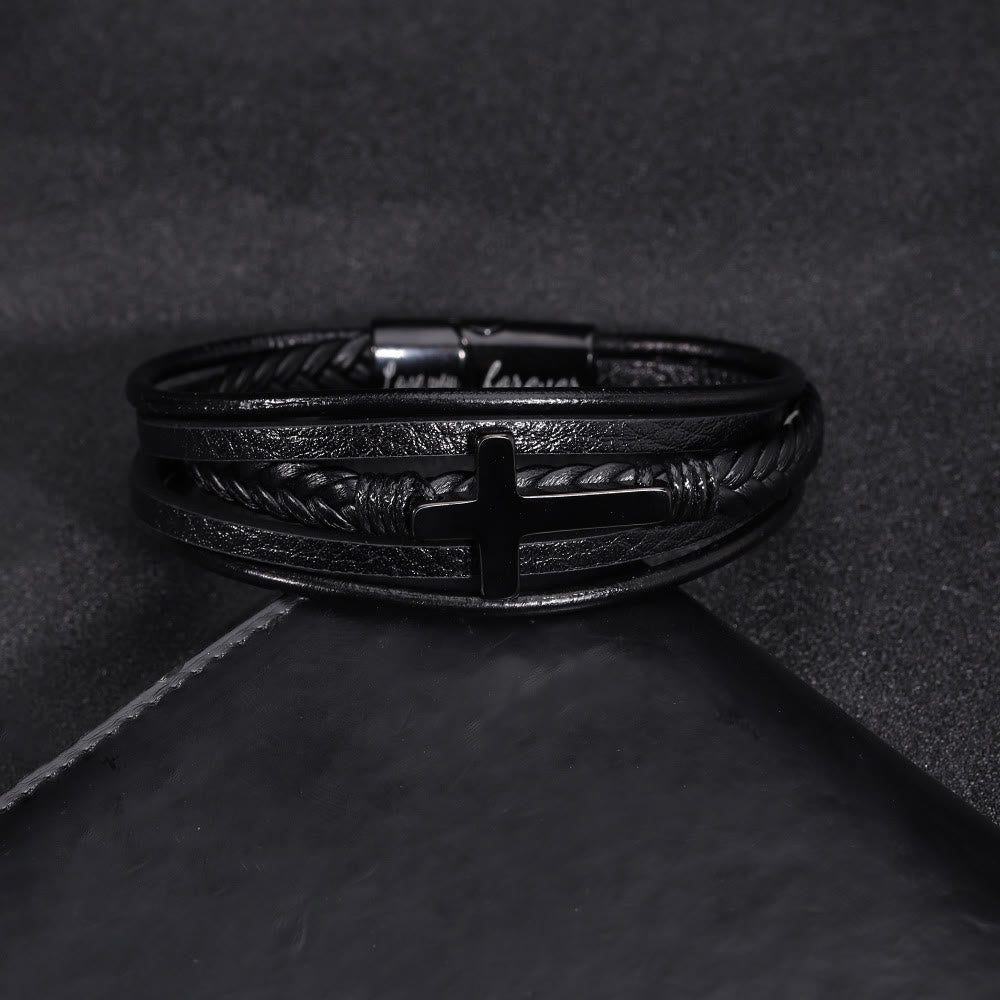 Bracelet manchette en cuir noir avec croix, signé Christianartworkshop - image 1