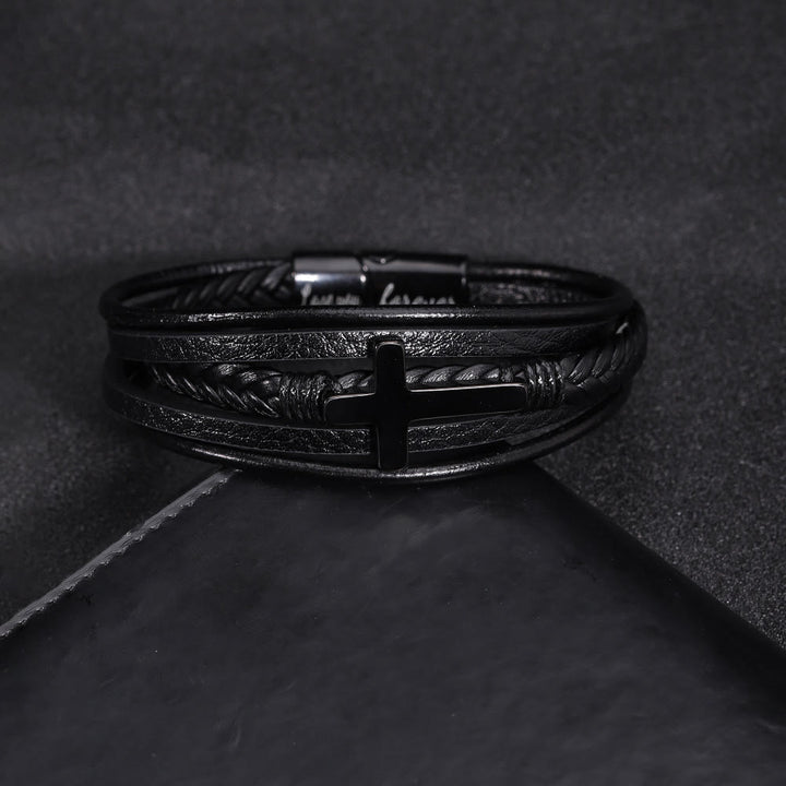 Bracelet manchette en cuir noir avec croix, signé Christianartworkshop - image 1