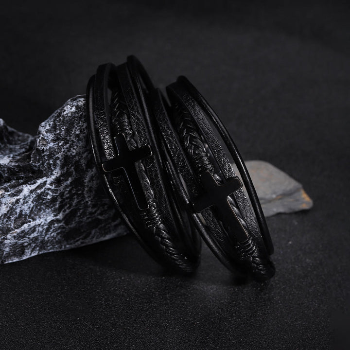 Bracelet manchette en cuir noir avec croix, signé Christianartworkshop - image 3