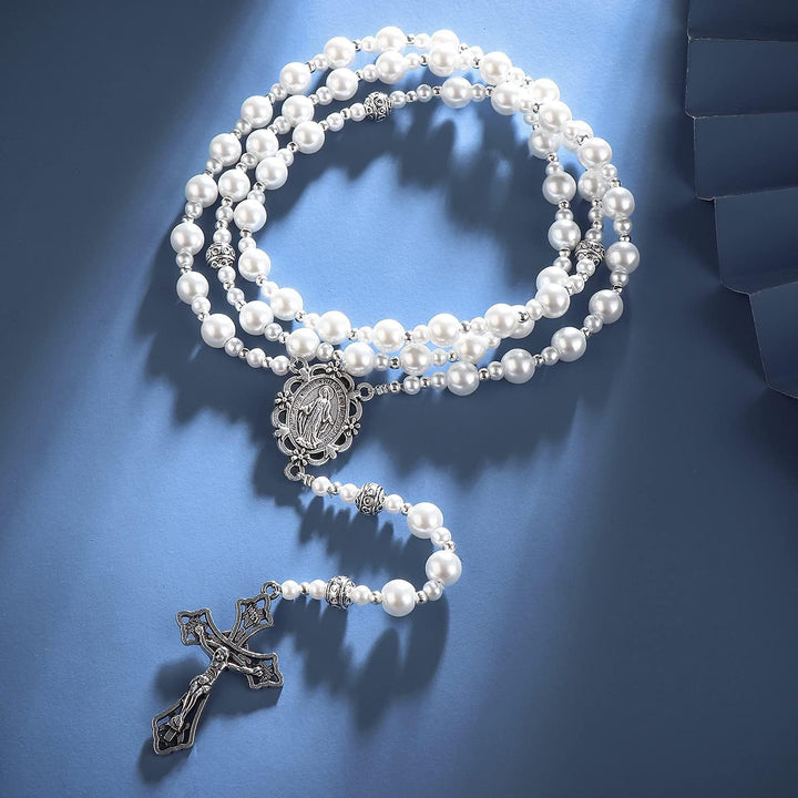 Christianartworkshop Médaille miraculeuse et crucifix d'un chapelet de perles blanches de 4 mm - Médaille miraculeuse et crucifix - image 0