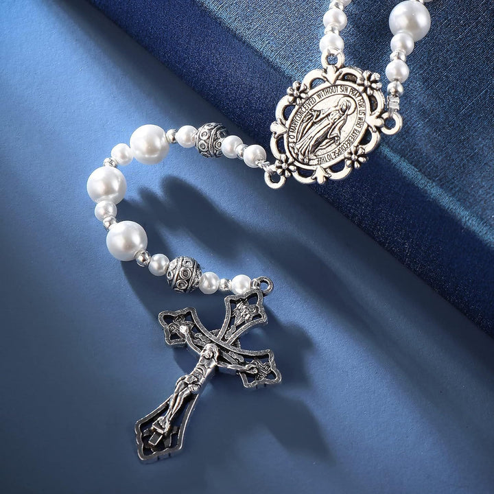 Christianartworkshop Médaille miraculeuse et crucifix d'un chapelet de perles blanches de 4 mm - image 1