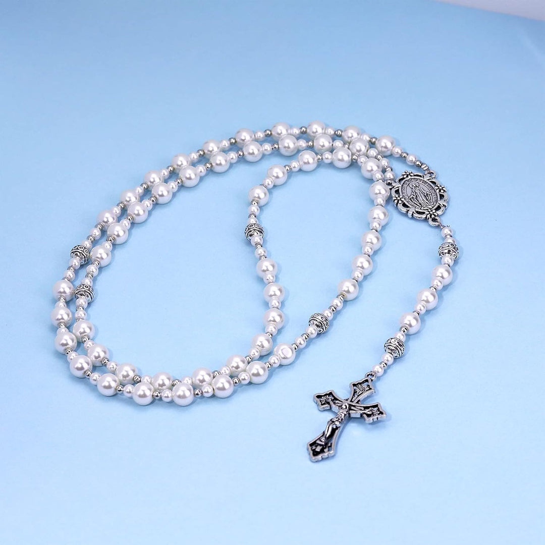 Christianartworkshop Médaille miraculeuse et crucifix d'un chapelet de perles blanches de 4 mm - image 2