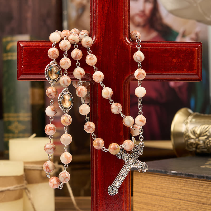 Christianartworkshop Notre-Dame, priez pour nous et chapelet en pierre rouge de 8 mm avec crucifix - image 3