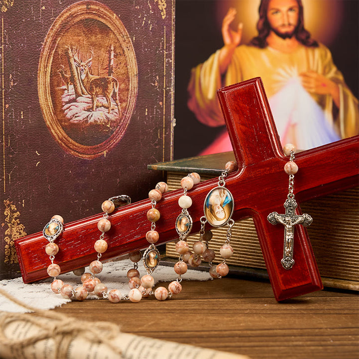 Christianartworkshop Notre-Dame, priez pour nous et chapelet en pierre rouge de 8 mm avec crucifix - image 4