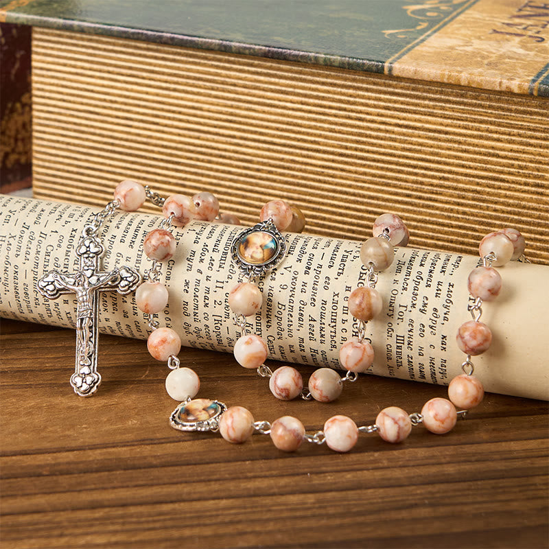 Christianartworkshop Notre-Dame, priez pour nous et chapelet en pierre rouge de 8 mm avec crucifix - image 1