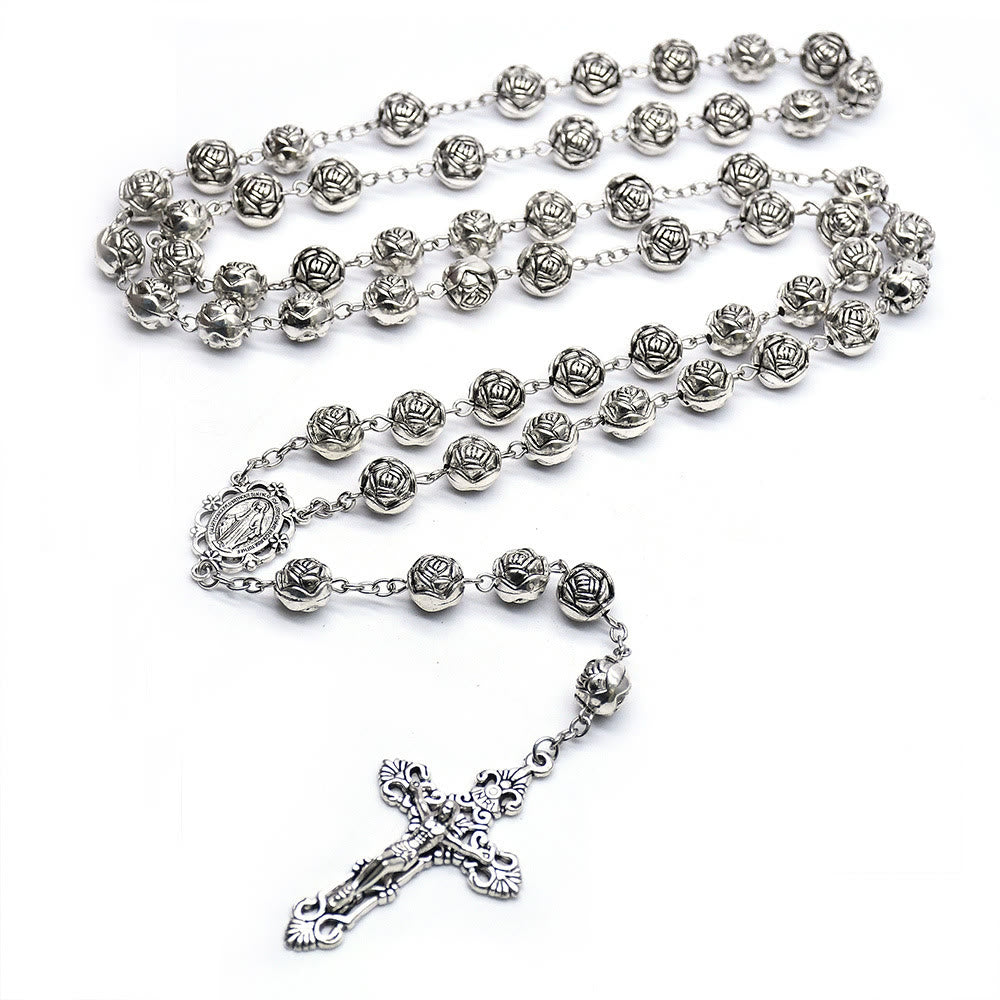 Christianartworkshop Médaille miraculeuse et crucifix d'un chapelet de perles de prière roses de 10 mm - image 5