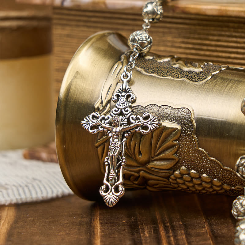Christianartworkshop Médaille miraculeuse et crucifix d'un chapelet de perles de prière roses de 10 mm - image 2
