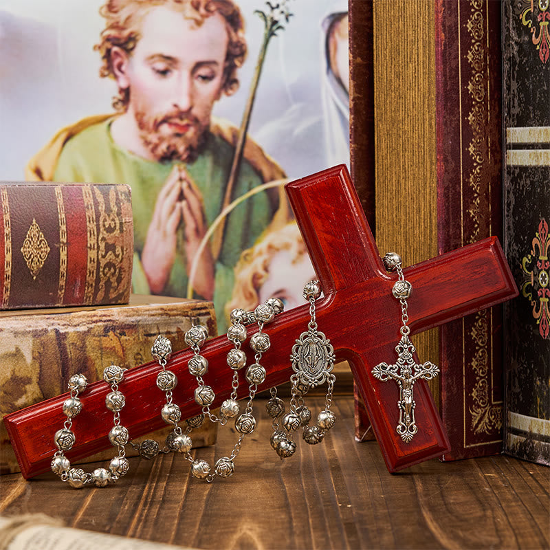 Christianartworkshop Médaille miraculeuse et crucifix d'un chapelet de perles de prière roses de 10 mm - image 4