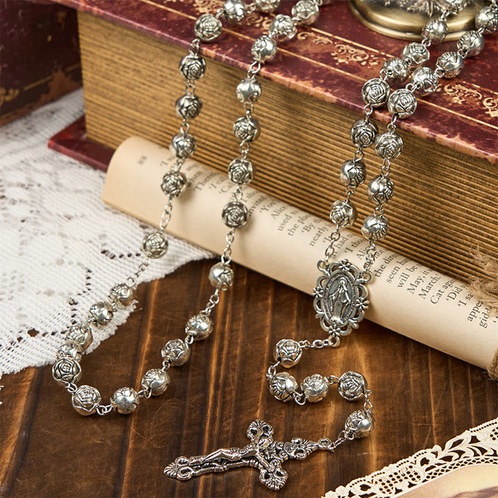 Christianartworkshop Médaille miraculeuse et crucifix d'un chapelet de perles de prière roses de 10 mm - image 1