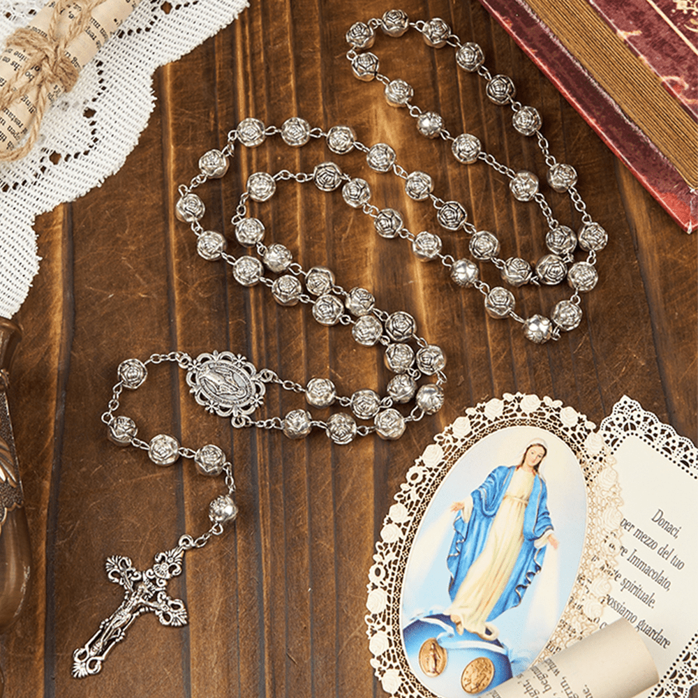 Christianartworkshop Médaille miraculeuse et crucifix d'un chapelet de perles de prière roses de 10 mm - Notre-Dame et le Crucifix - image 0