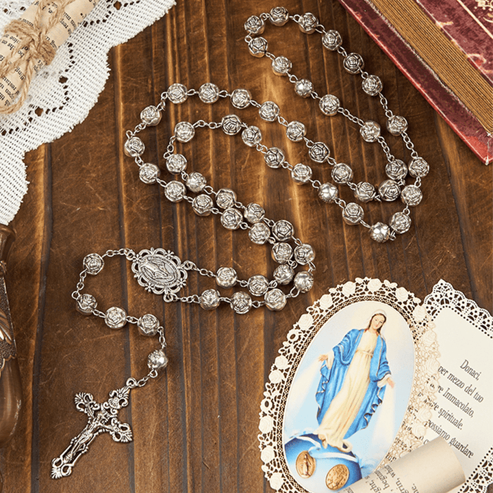 Christianartworkshop Médaille miraculeuse et crucifix d'un chapelet de perles de prière roses de 10 mm - Notre-Dame et le Crucifix - image 0