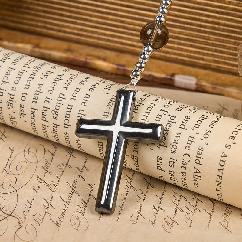 Christianartworkshop Chapelet en œil de tigre et obsidienne naturelle - Chapelet de protection en croix de pierre d'hématite - image 3