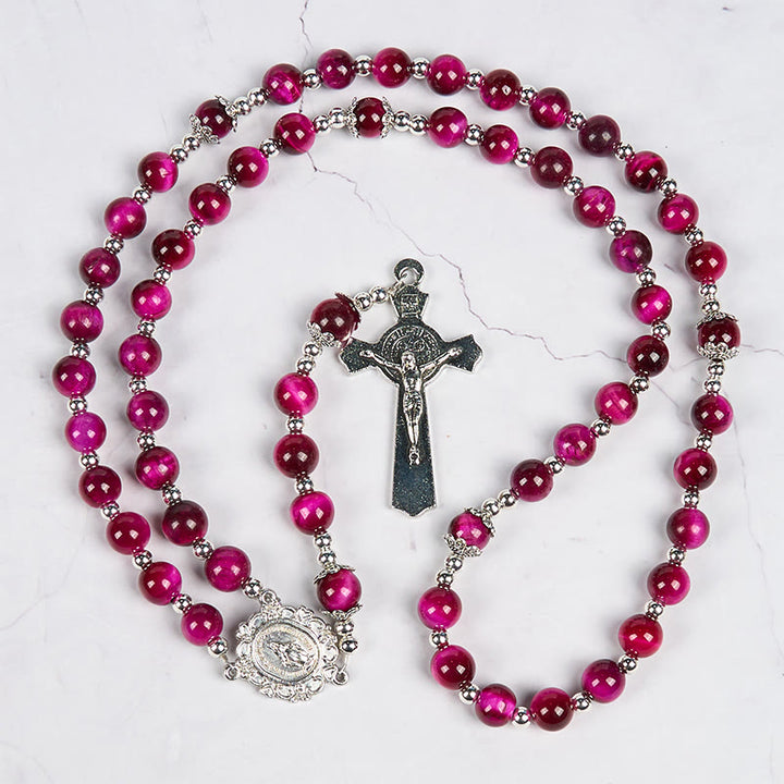 Christianartworkshop Médaille miraculeuse et crucifix en perles de pierre précieuse œil de tigre rose de 8 mm - image 8