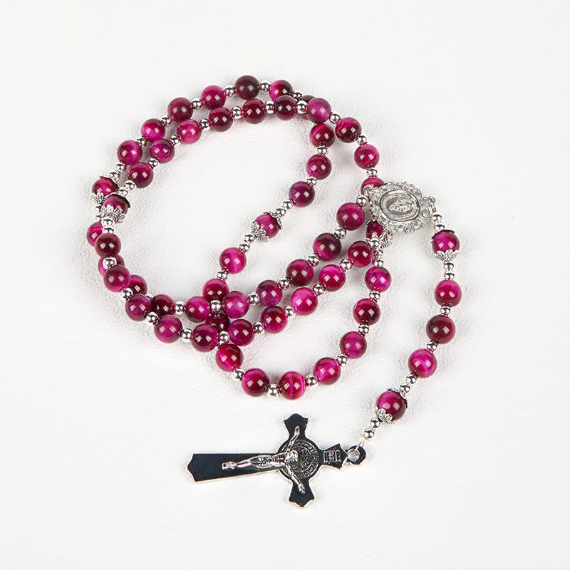 Christianartworkshop Médaille miraculeuse et crucifix en perles de pierre précieuse œil de tigre rose de 8 mm - image 9