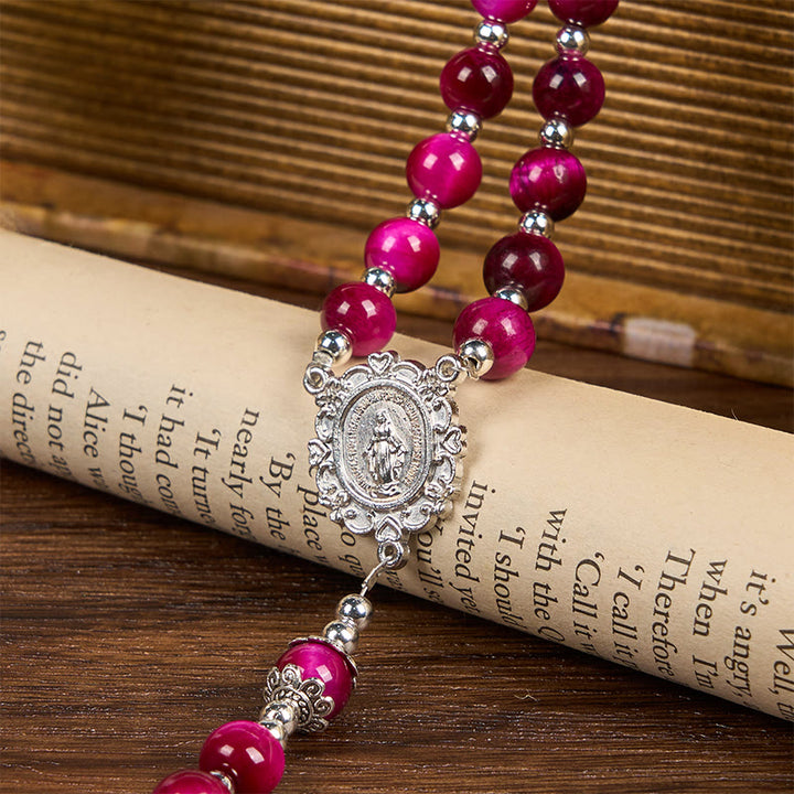 Christianartworkshop Médaille miraculeuse et crucifix en perles de pierre précieuse œil de tigre rose de 8 mm - image 4