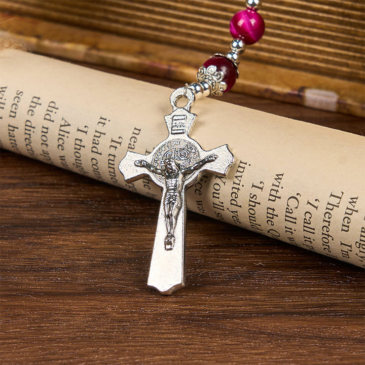 Christianartworkshop Médaille miraculeuse et crucifix en perles de pierre précieuse œil de tigre rose de 8 mm - image 5