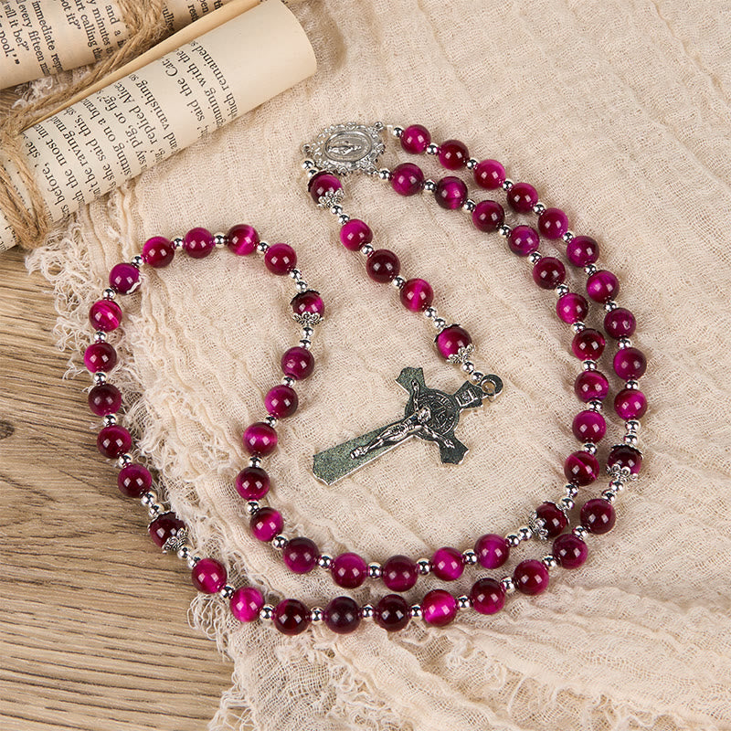 Christianartworkshop Médaille miraculeuse et crucifix en perles de pierre précieuse œil de tigre rose de 8 mm - image 7