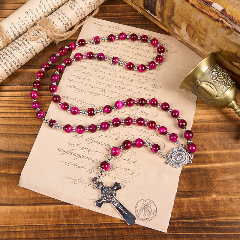 Christianartworkshop Médaille miraculeuse et crucifix en perles de pierre précieuse œil de tigre rose de 8 mm - image 6