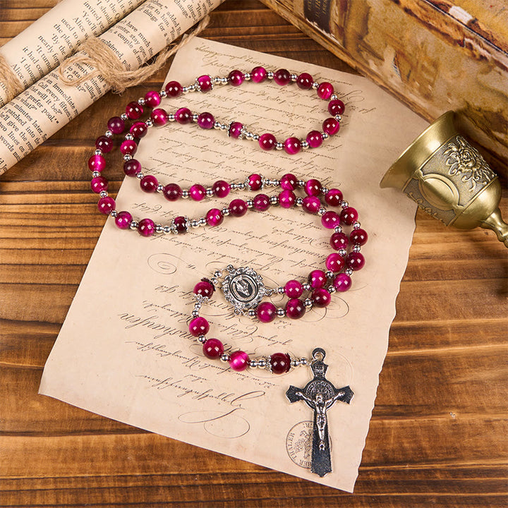 Christianartworkshop Médaille miraculeuse et crucifix en perles de pierre précieuse œil de tigre rose de 8 mm - image 1
